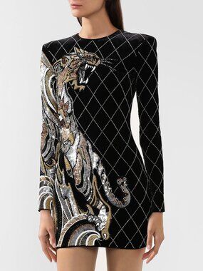 Balmain Tiger Sequin Embellished Velvet Mini Dress Black Size FR 36 US 4